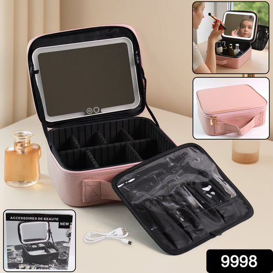 pink premium makeup storage with mirror case with LED light removable compartments and brush organizer