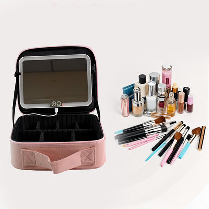 pink travel case open showing compartments and LED mirror with brushes and bottles premium makeup storage with mirror