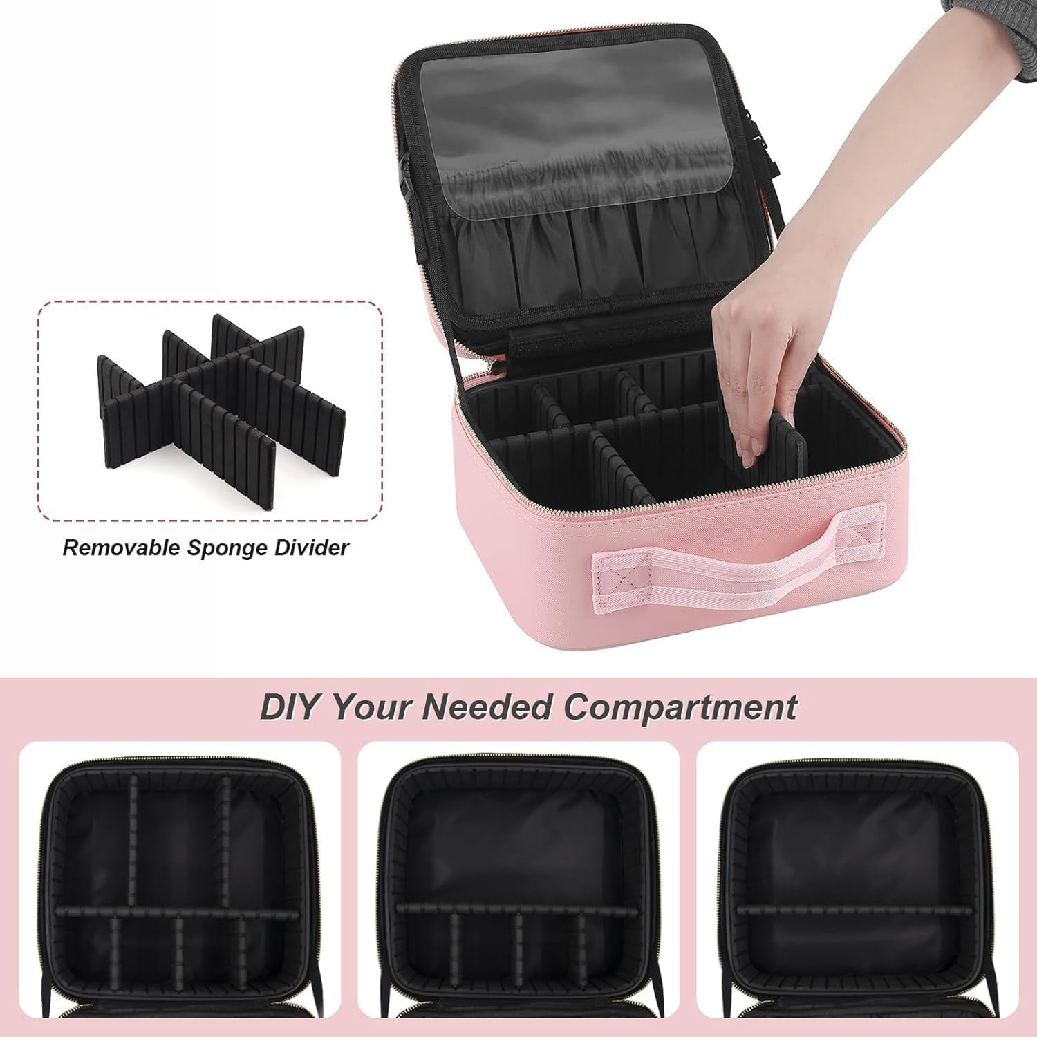 pink portable cosmetic case with removable sponge dividers and interior pockets premium makeup storage with mirror