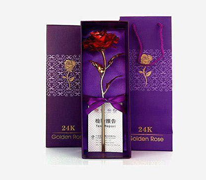 Rose gold red rose with gift box 24K gold plated preserved red rose in purple presentation box