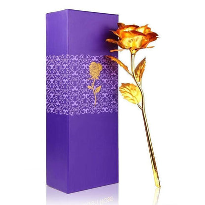 Rose gold red rose with gift box long stem metal rose in purple decorative box for gifting