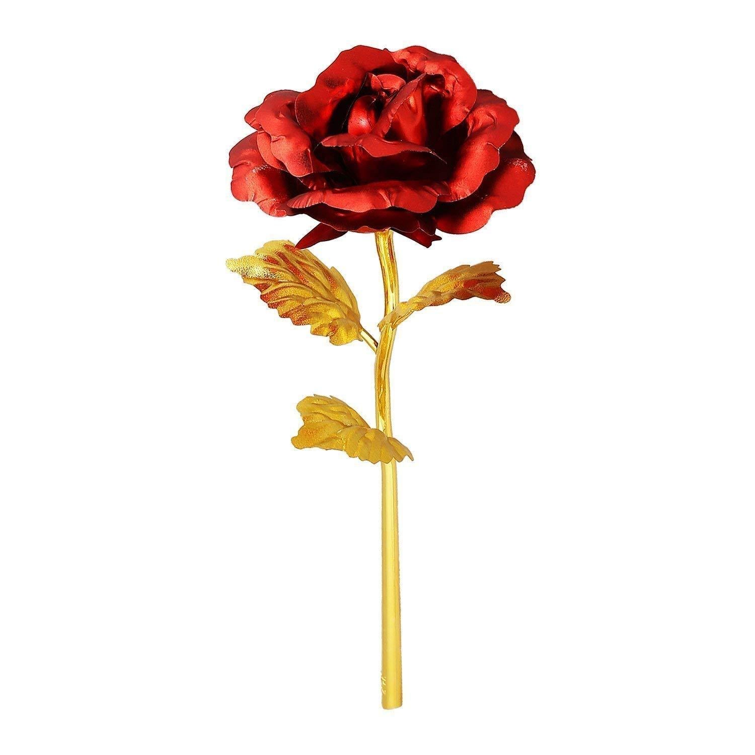 Rose gold red rose with gift box single metallic red rose with gold stem and leaves on white background