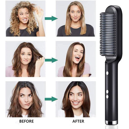 hair straightener with scalp massager showing before and after hair transformations