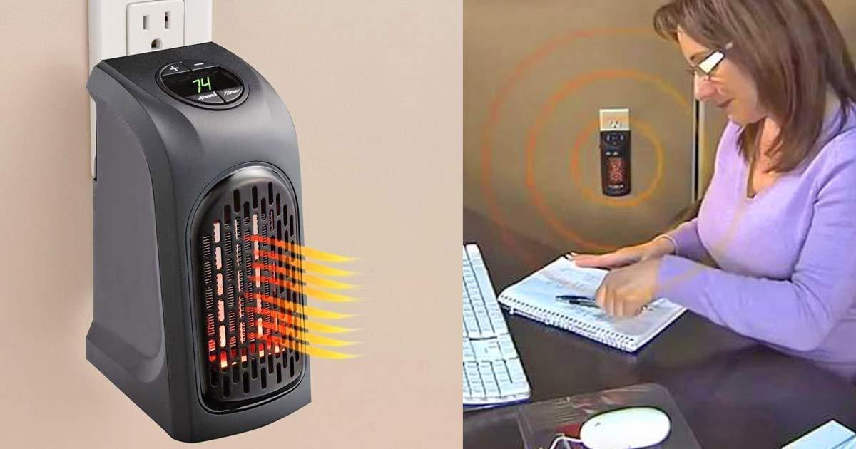 portable handy room heater plugged into wall outlet with digital display warming a woman at her desk
