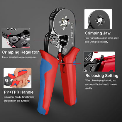 crimping tool red blue PP TPR handle crimping jaw regulator release lever best wire end ferrules for electricians