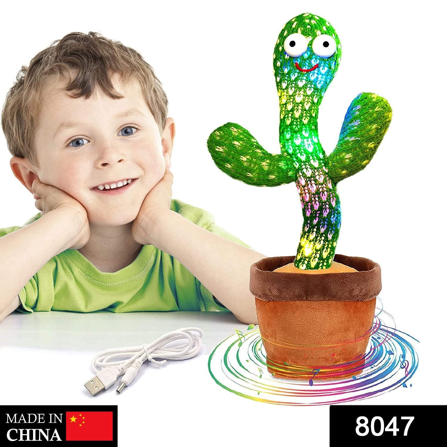 funny baby dancing cactus toy with LED lights in brown pot and USB cable next to smiling child