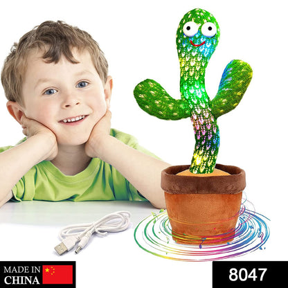 funny baby dancing cactus toy with LED lights in brown pot and USB cable next to smiling child
