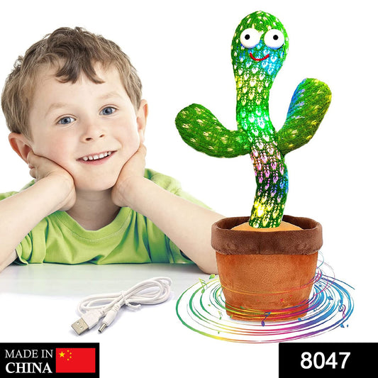 funny baby dancing cactus toy with LED lights in brown pot and USB cable next to smiling child