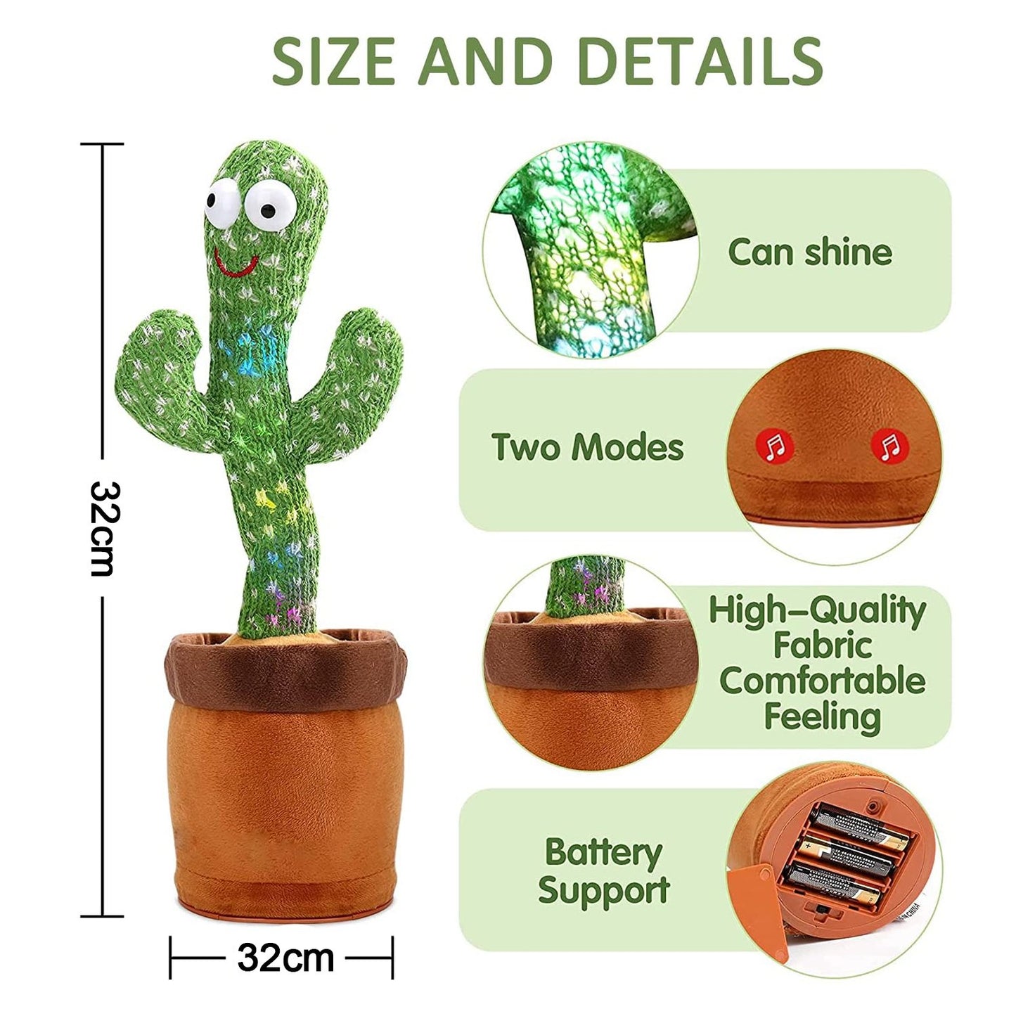 funny baby dancing cactus toy in brown pot with LED lights two modes battery powered