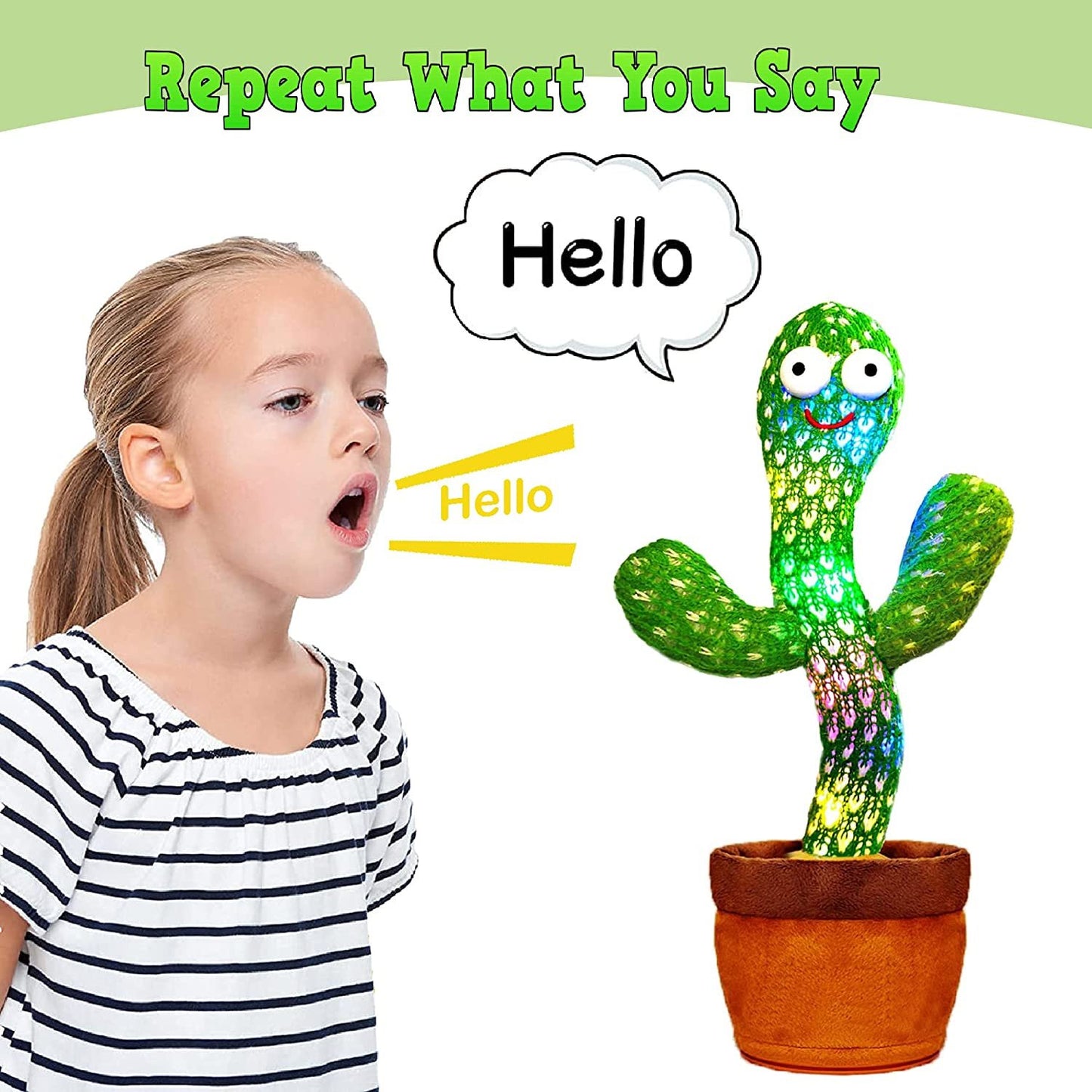 funny baby dancing cactus toy in pot repeats words as little girl says hello