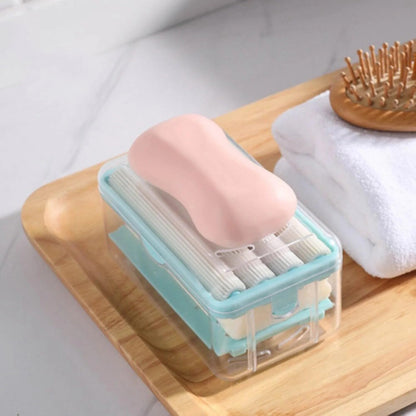 multi-purpose soap dispenser case clear storage box with pink soap and cotton swabs