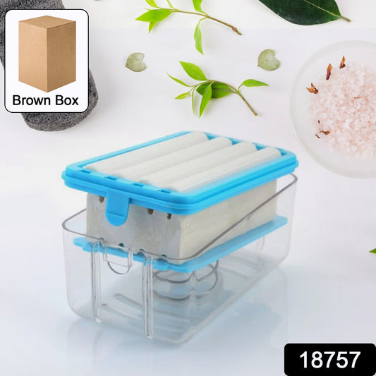 clear plastic soap storage box with blue lid and drainage tray for bar soaps multi-purpose soap dispenser case