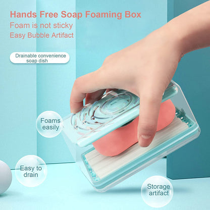 multi-purpose soap dispenser case turquoise hands free foaming box with pink soap inside