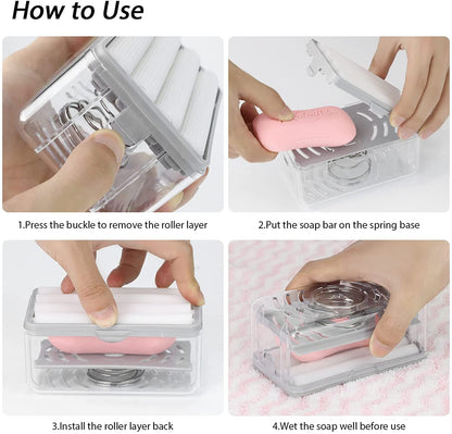Clear multi-purpose soap dispenser case with hands placing soap on spring base and reattaching roller layer