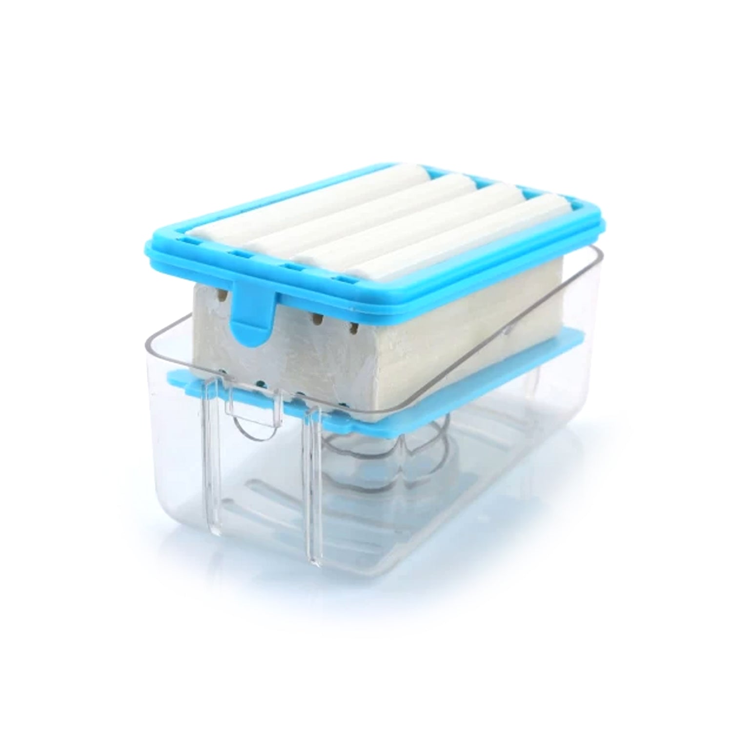 clear plastic soap holder with blue lid and springs multi-purpose soap dispenser case for kitchen