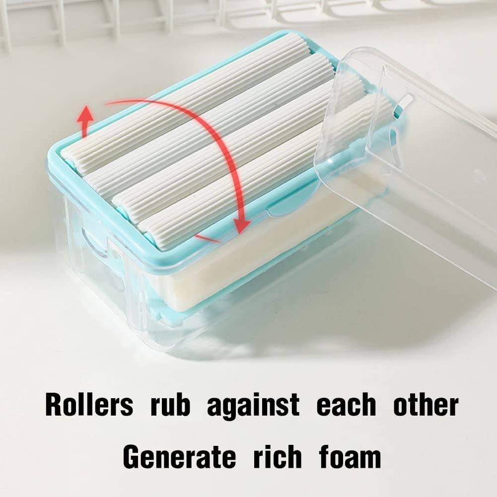 multi-purpose soap dispenser case clear plastic with aqua rolling brushes to generate rich foam