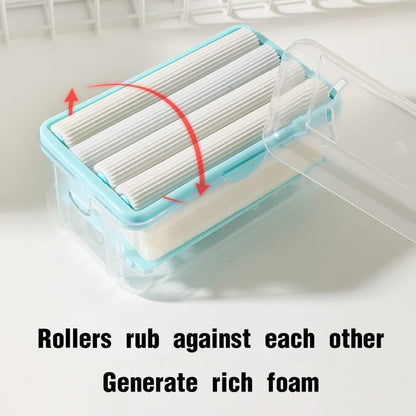 multi-purpose soap dispenser case clear plastic with aqua rolling brushes to generate rich foam