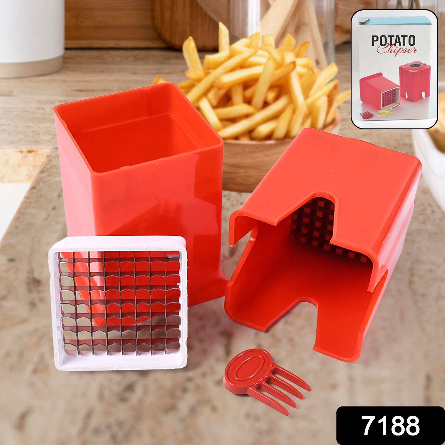 Red french fries cutter for home with stainless steel grid blade holder and pusher fork