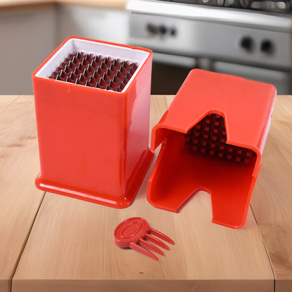 red plastic french fries cutter for home set with dual blades and safety food holder on countertop