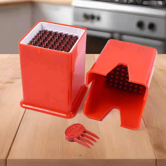 red plastic french fries cutter for home set with dual blades and safety food holder on countertop