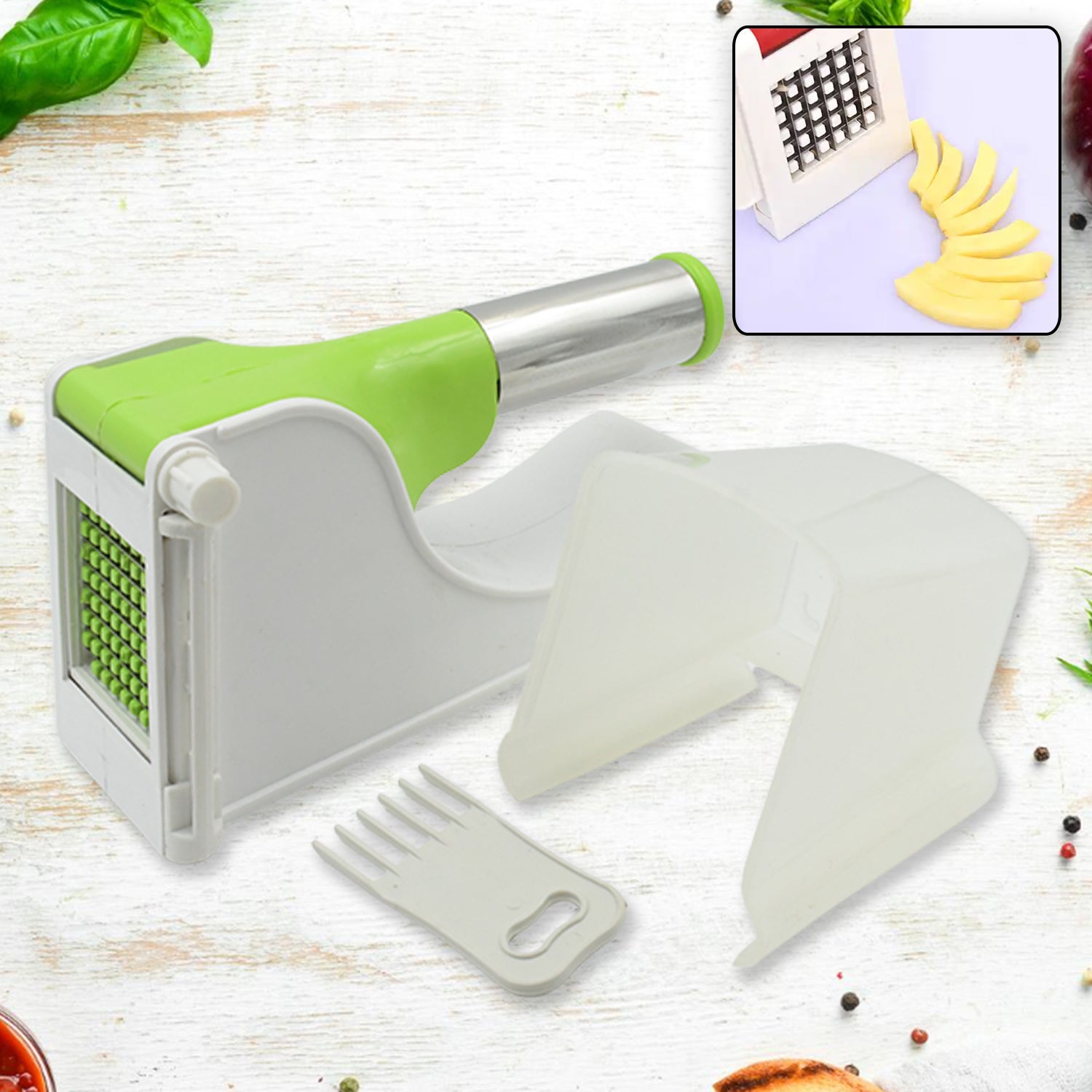 french fry cutter for home with green handle stainless pusher plastic guard and cleaning fork