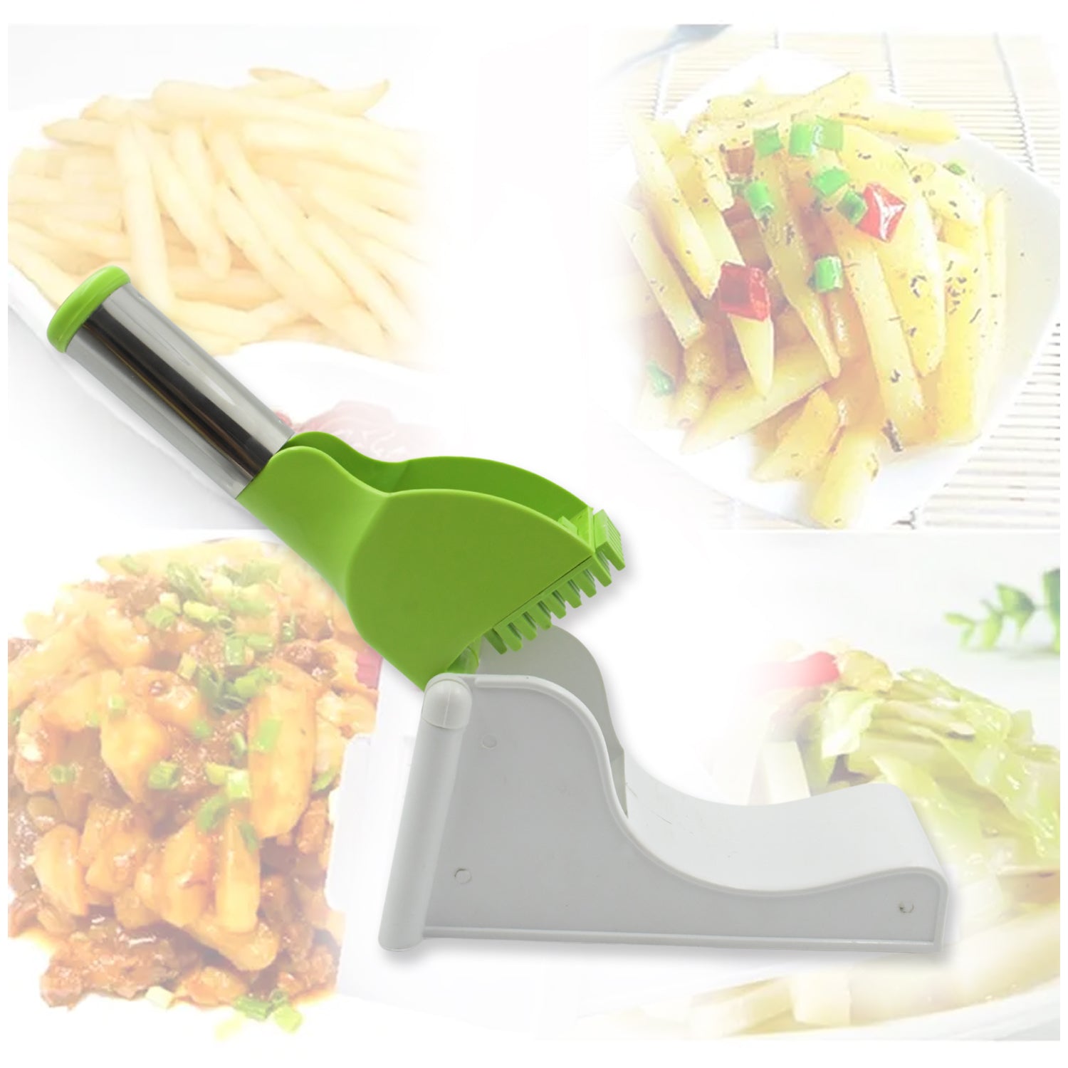 green handheld french fry cutter for home with stainless steel tube and removable gray holder