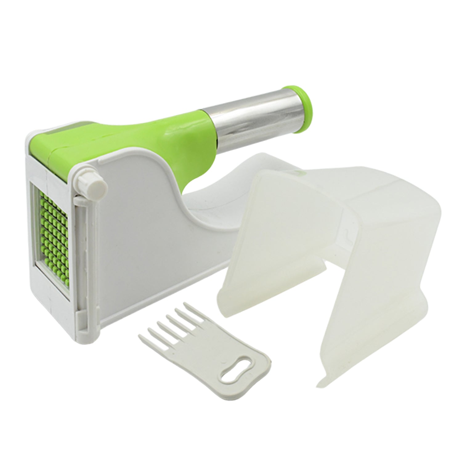 green and white french fry cutter for home with stainless steel handle and safety guard