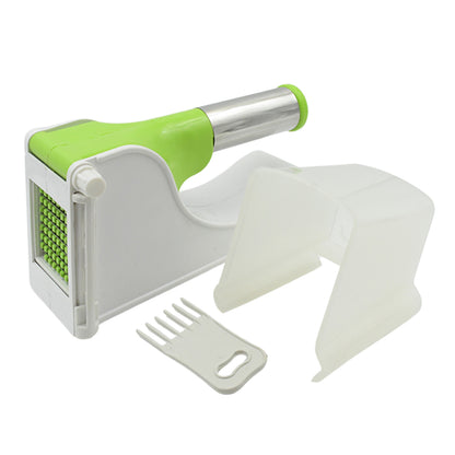 green and white french fry cutter for home with stainless steel handle and safety guard