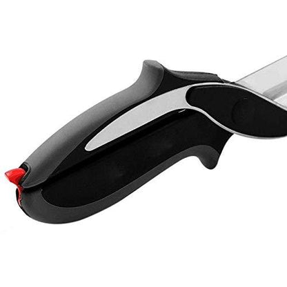 stainless steel food chopper tool with ergonomic black handle and red safety lock
