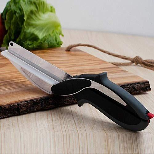 stainless steel food chopper tool scissor style with black ergonomic handles on wooden cutting board