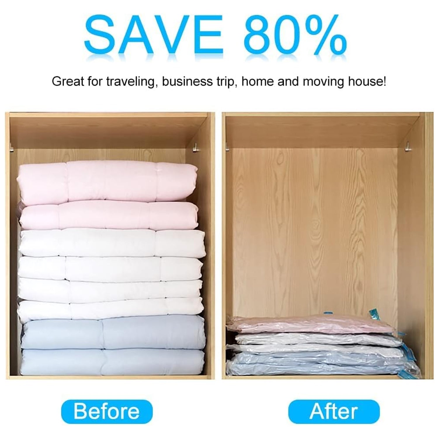 travel vacuum bags for packing clothes showing before and after closet with compressed bedding saving 80 percent