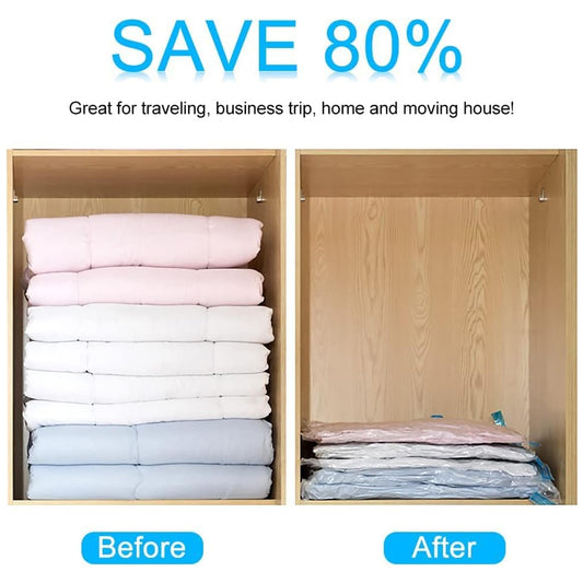 travel vacuum bags for packing clothes showing before and after closet with compressed bedding saving 80 percent
