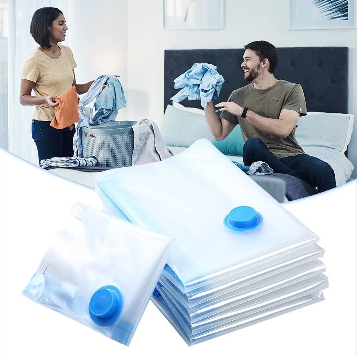 travel vacuum bags for packing clothes stacked with blue valve shown foreground couple packing clothes