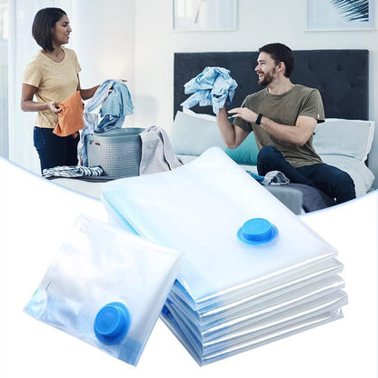 travel vacuum bags for packing clothes stacked with blue valve shown foreground couple packing clothes