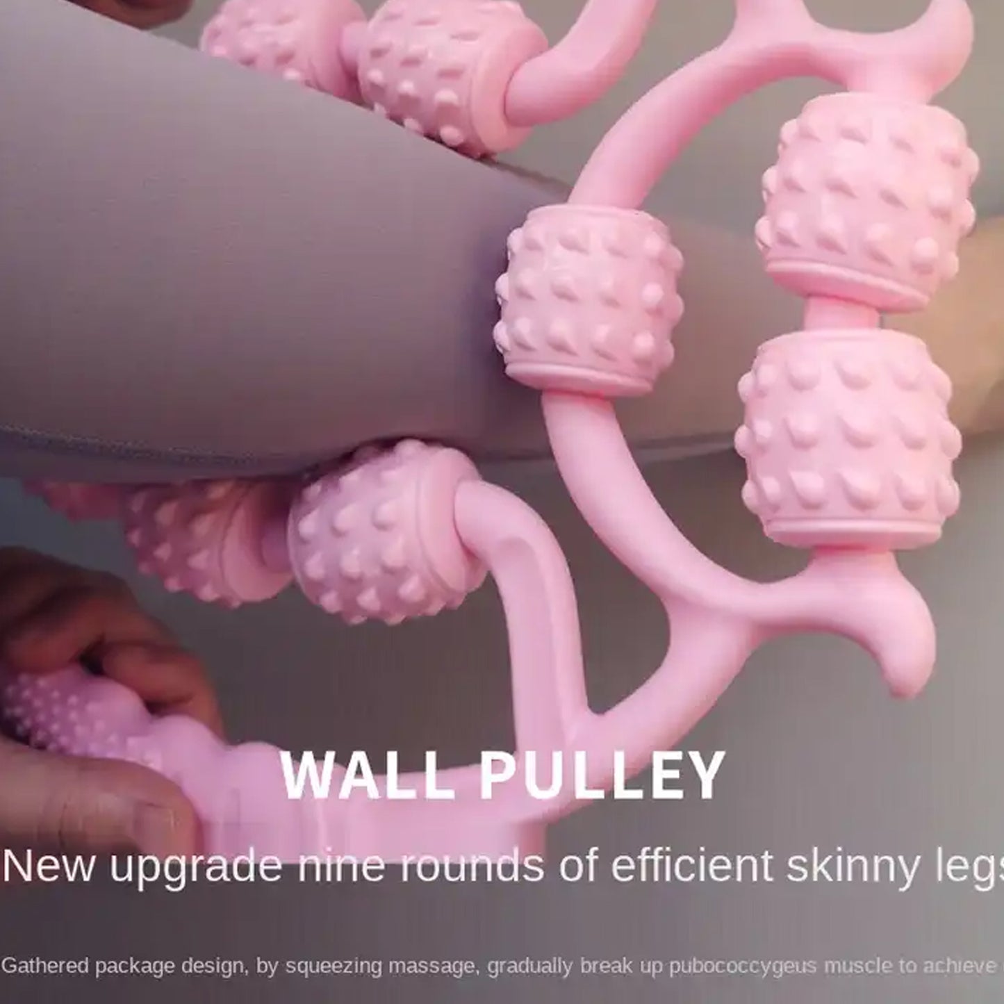 pink multi wheel massage roller ring for home use shown rolling on leg to relieve muscle tension and improve circulation