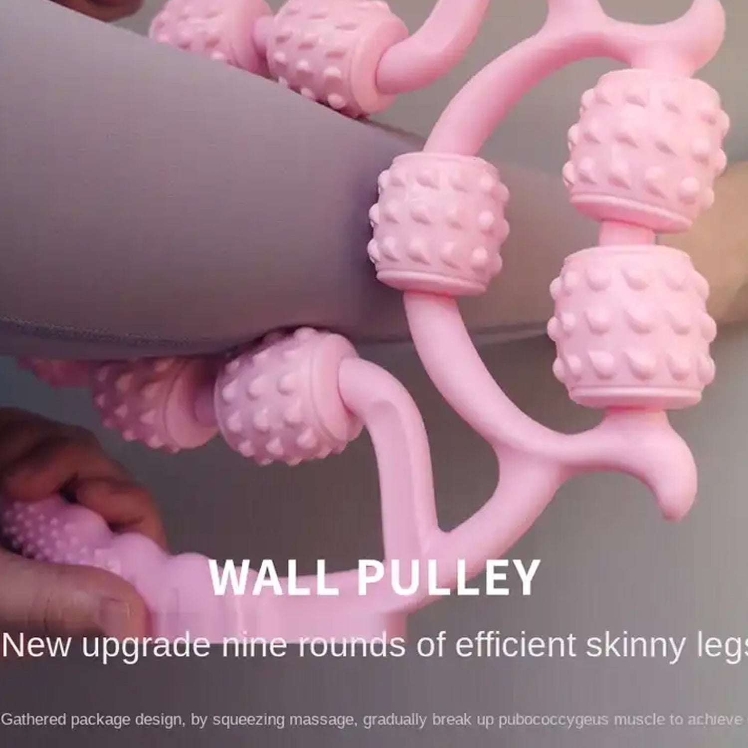 pink multi wheel massage roller ring for home use shown rolling on leg to relieve muscle tension and improve circulation