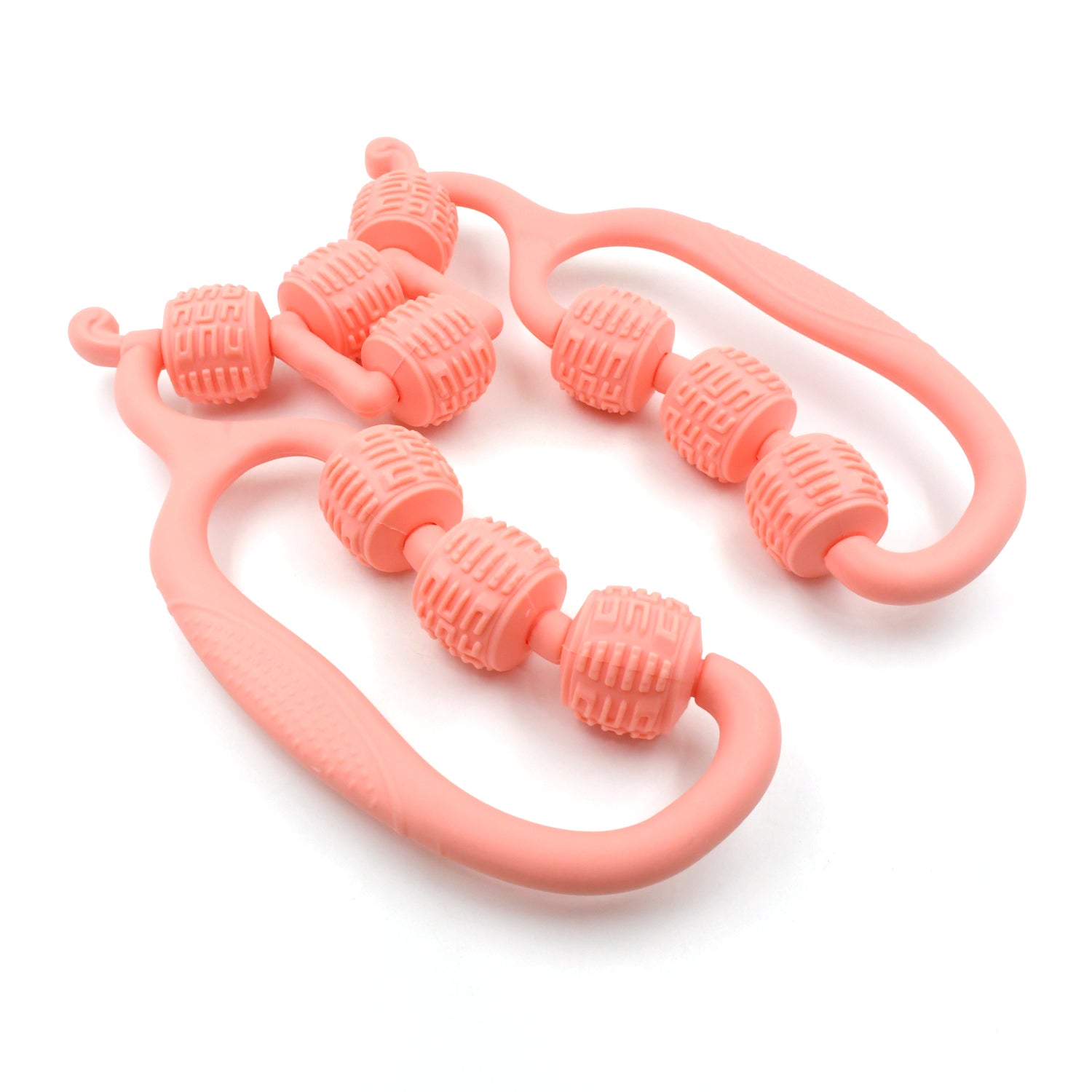 pink handheld massage roller ring for home use with textured rotating beads and ergonomic handles for muscle relief