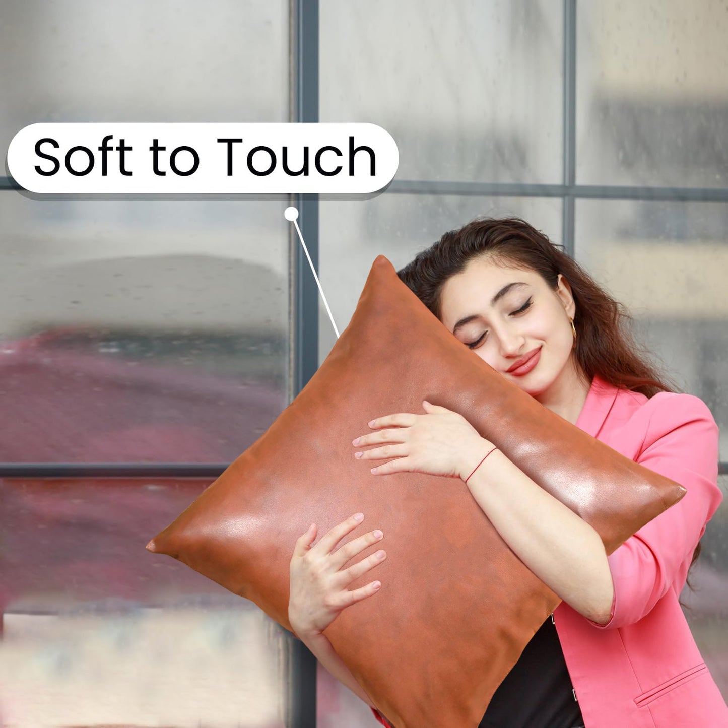 modern home decor pillowcase brown faux leather square cushion soft to touch shown hugged by woman