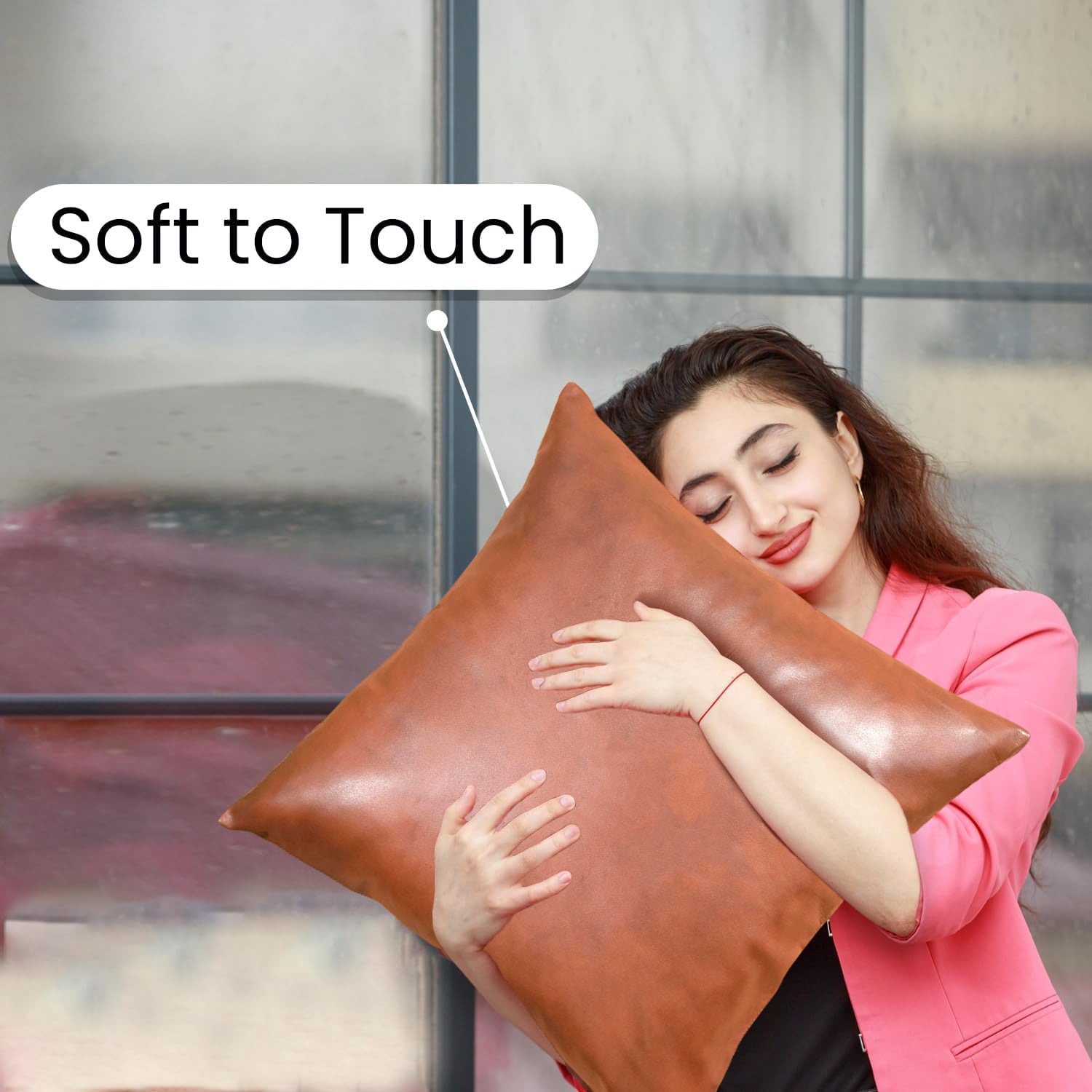 modern home decor pillowcase brown faux leather square cushion soft to touch shown hugged by woman