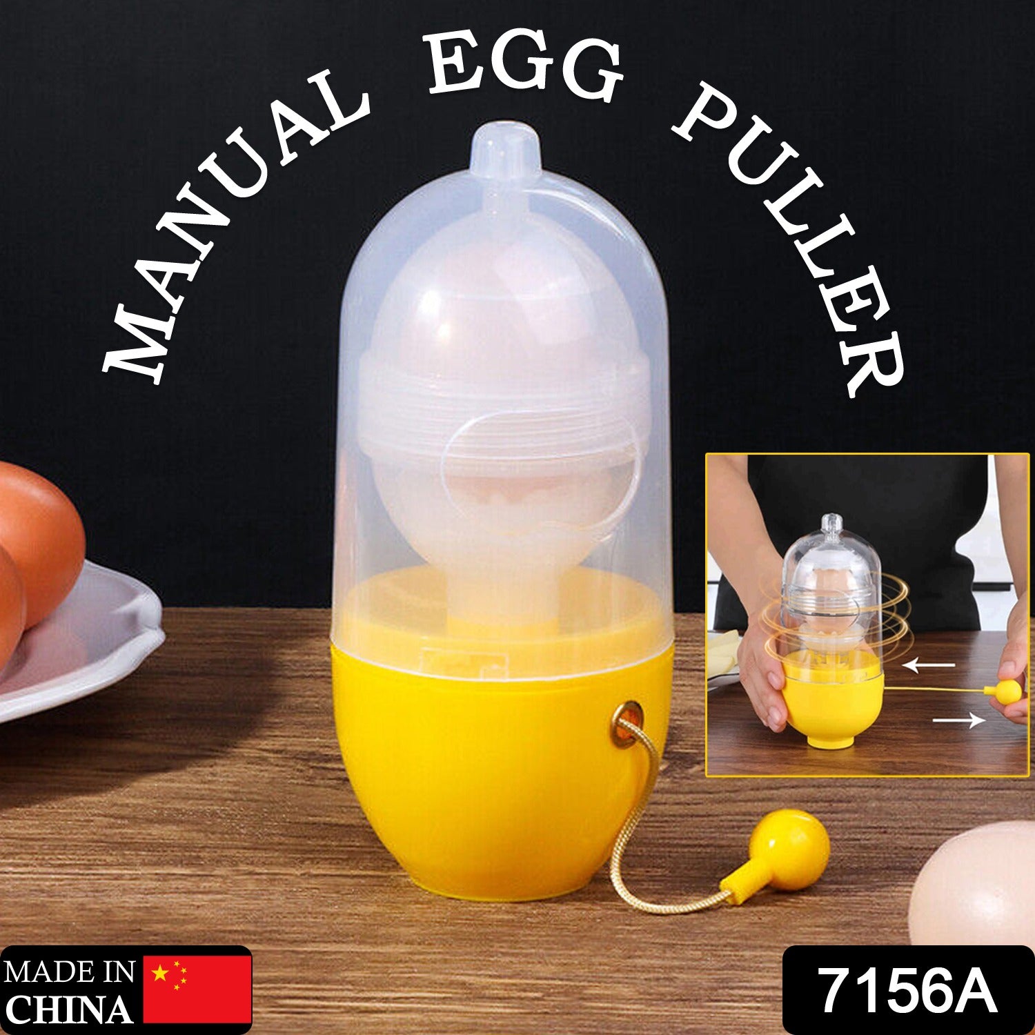 Yellow manual egg puller with clear dome and pull cord household egg puller gadget for easy shell removal