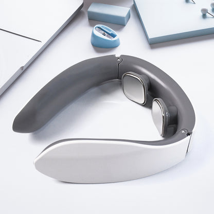 electric neck massager for pain relief white and gray U shaped wearable device with dual metal massage pads