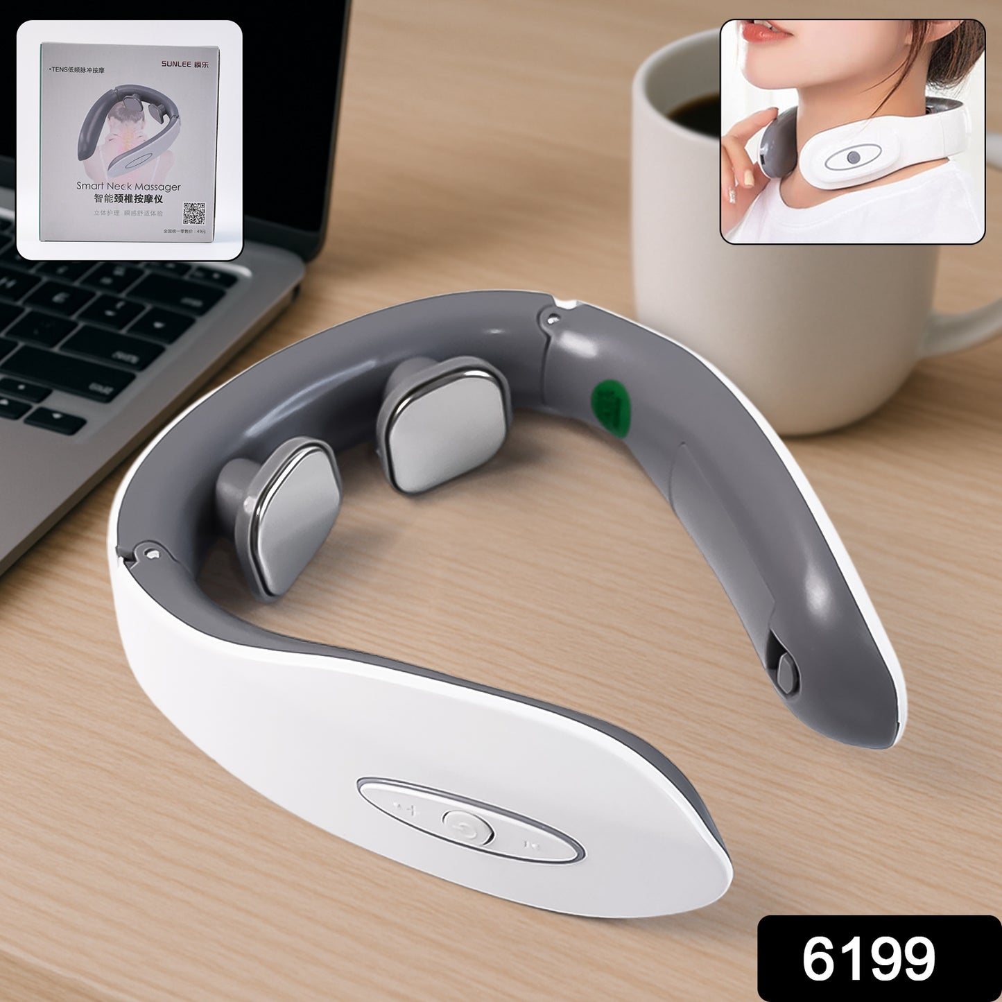 white and gray electric neck massager for pain relief shown on desk with inset of woman wearing it