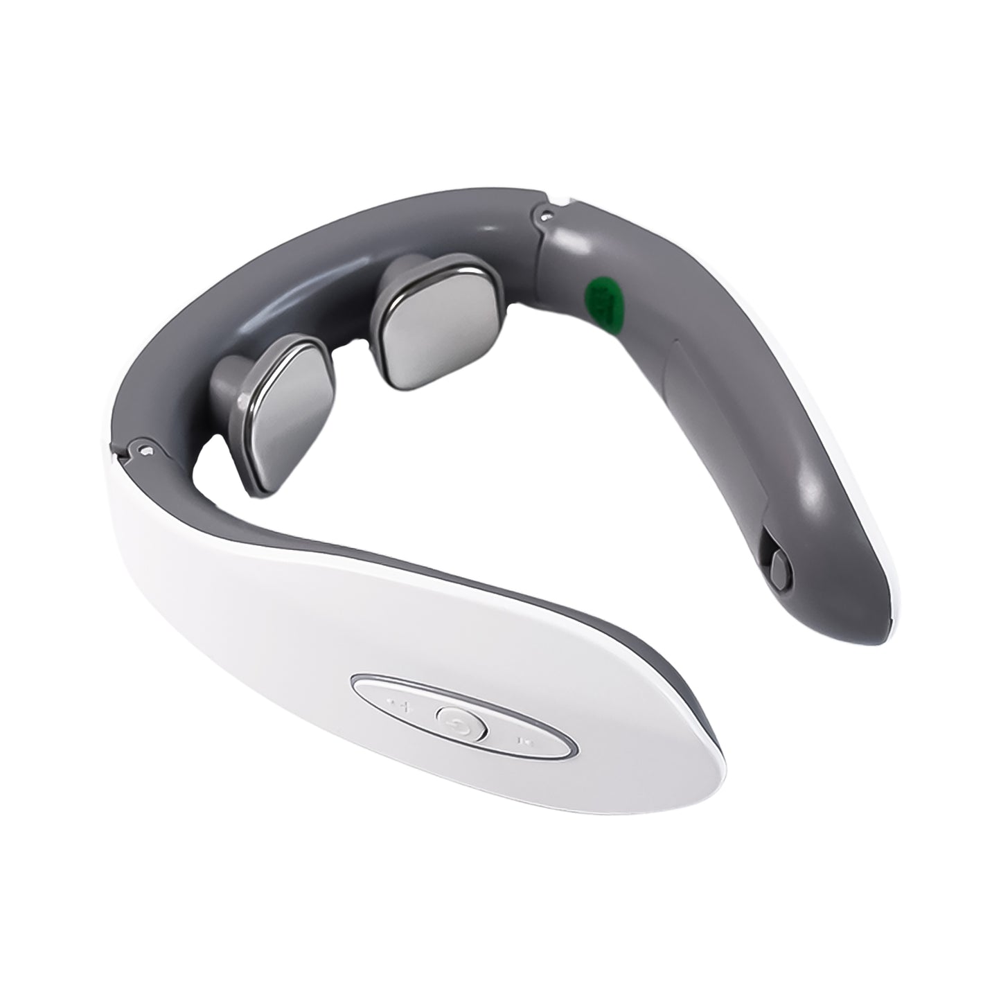 white and gray wearable electric neck massager for pain relief with dual metal pads and control buttons