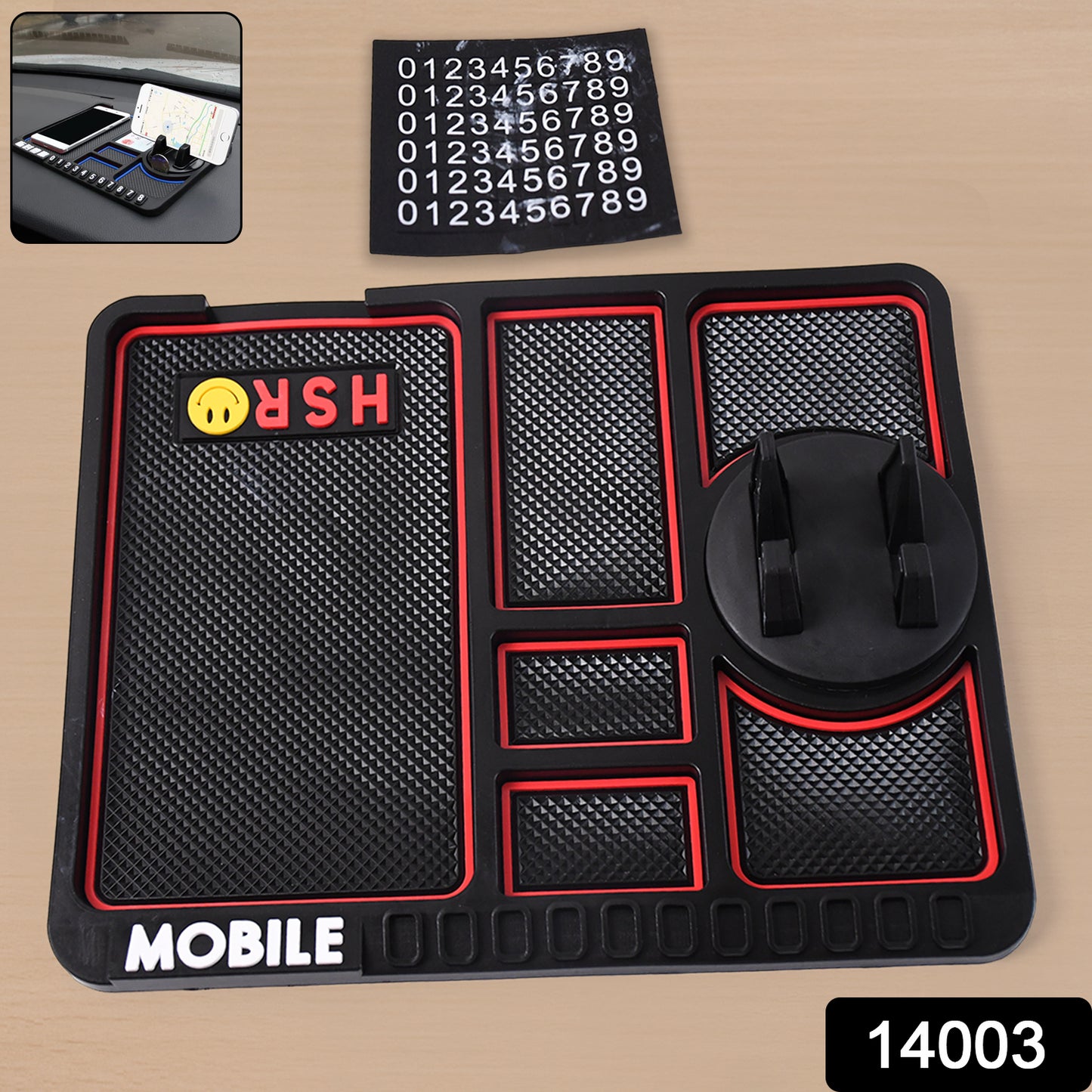 black red multi compartment car organizer with phone mount and number stickers anti slip dashboard phone pad