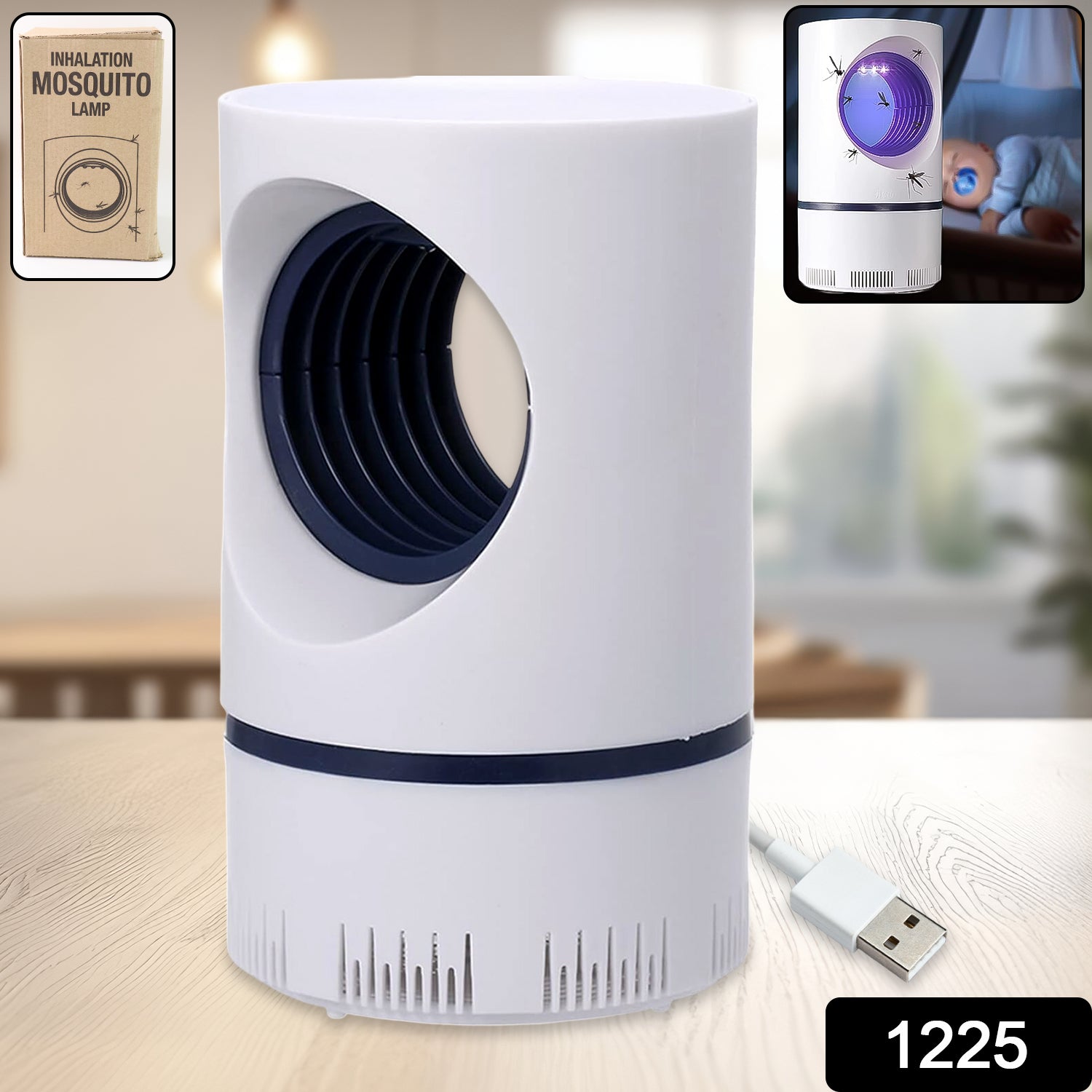 white USB powered LED mosquito killer lamp for home with compact cylindrical bedside design