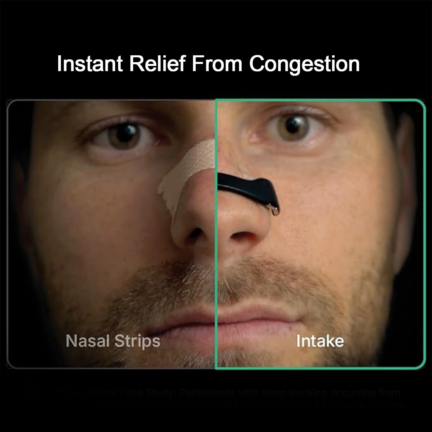 product showing beige nasal strip and black nasal dilator on man nose strips to reduce snoring