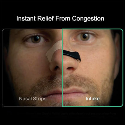 product showing beige nasal strip and black nasal dilator on man nose strips to reduce snoring