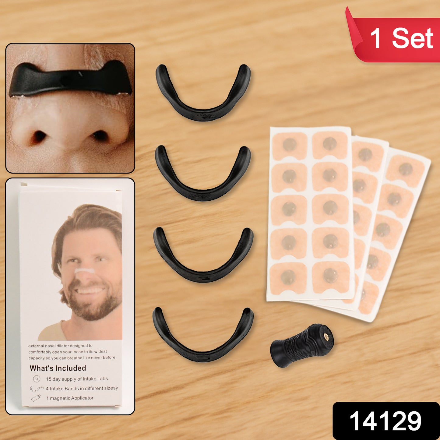 nasal dilator kit with black U shaped devices adhesive pads and applicator nose strips to reduce snoring