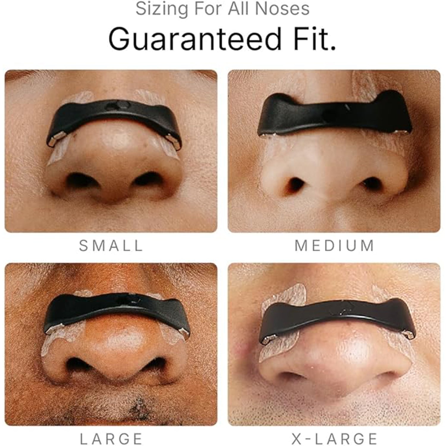 black nasal dilator nose strips to reduce snoring shown on four nose sizes small medium large x large