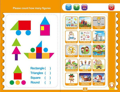 musical learning book for kids two page activity spread with shapes counting left and song icons right